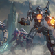 A quartet of mostly gray giant robots stand in front of a gray cityscape and gray skies.